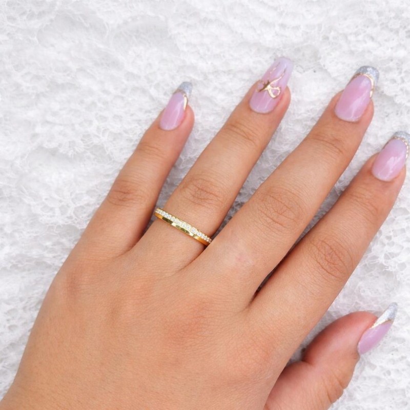 Minimalist Round Diamond White 925 Sterling Silver Yellow Gold Half Eternity Women's Band