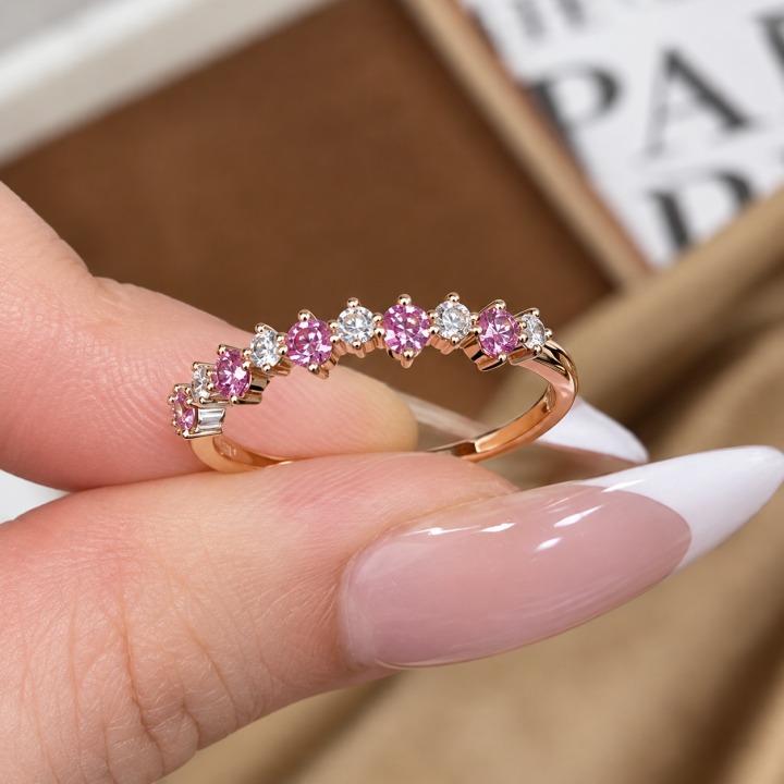 Elegant Round Cut Diamond White & Fancy Pink Sterling Silver Rose Gold Women's Band