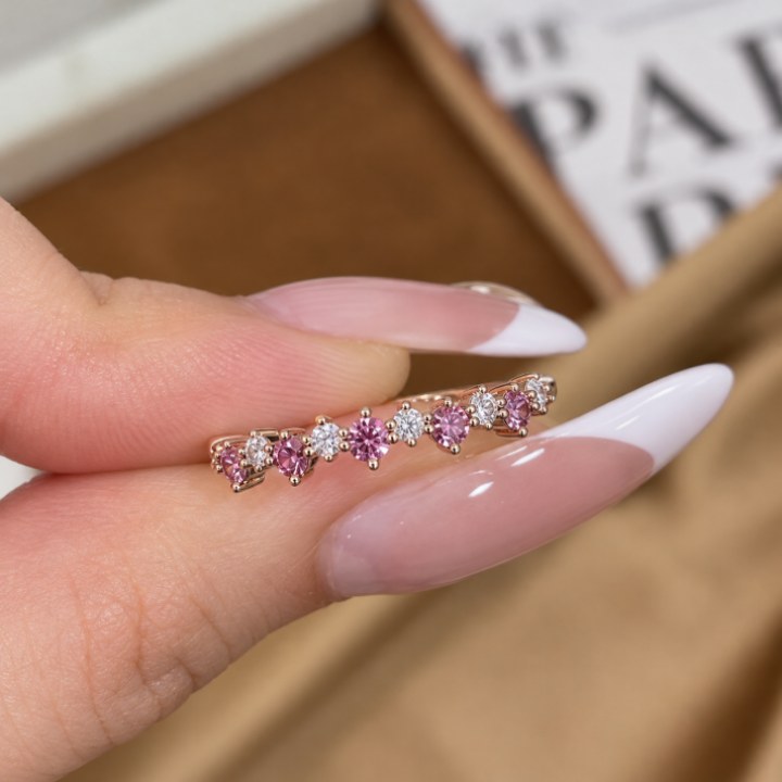 Elegant Round Cut Diamond White & Fancy Pink Sterling Silver Rose Gold Women's Band