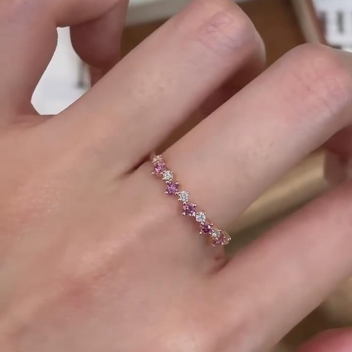 Elegant Round Cut Diamond White & Fancy Pink Sterling Silver Rose Gold Women's Band
