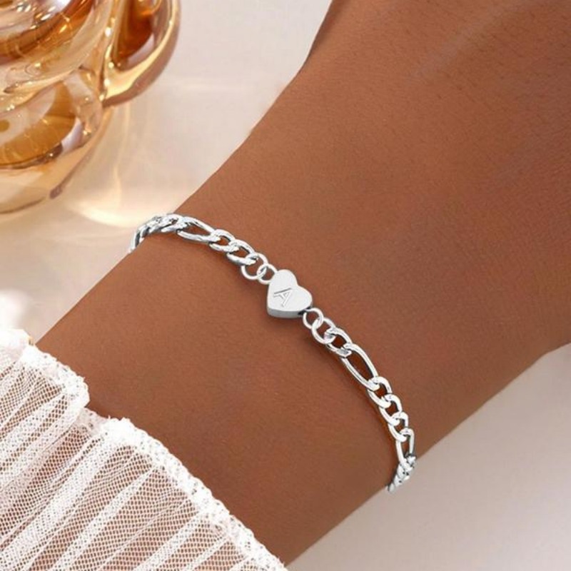 Minimalist Personalized 925 Sterling Silver Heart Initial Bracelet 