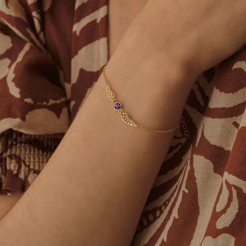 Minimalist Personalized 925 Sterling Silver Birthstone Angel Wings Bracelet