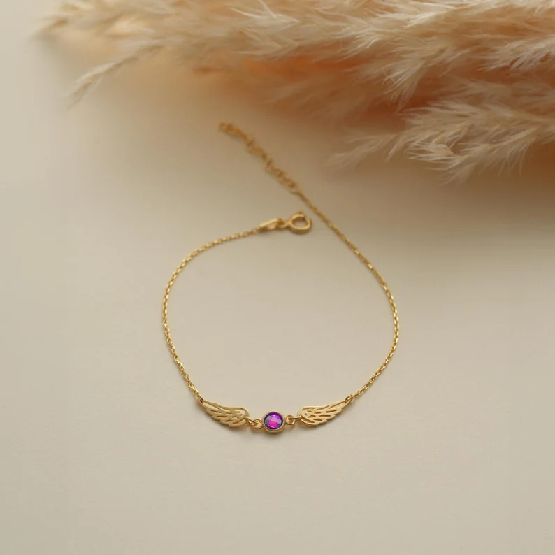 Minimalist Personalized 925 Sterling Silver Birthstone Angel Wings Bracelet