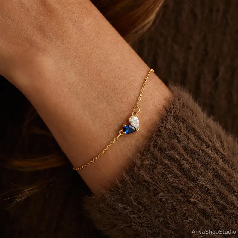 Minimalist Personalized 925 Sterling Silver Birthstone Heart Bracelet