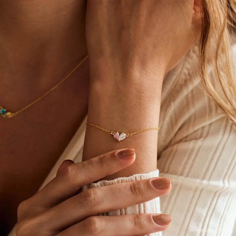 Minimalist Personalized 925 Sterling Silver Birthstone Heart Bracelet