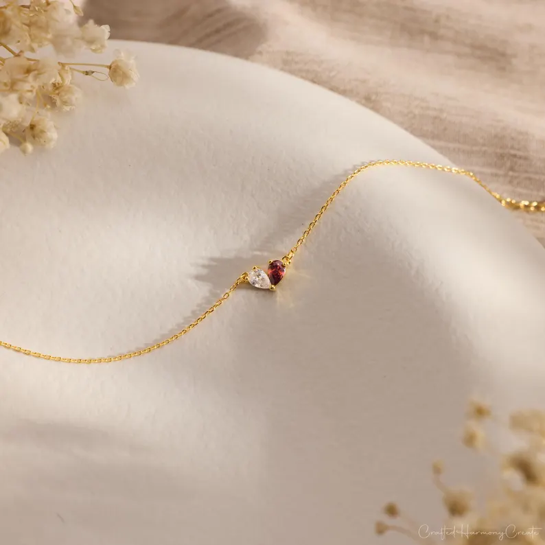 Minimalist Personalized 925 Sterling Silver Birthstone Heart Bracelet