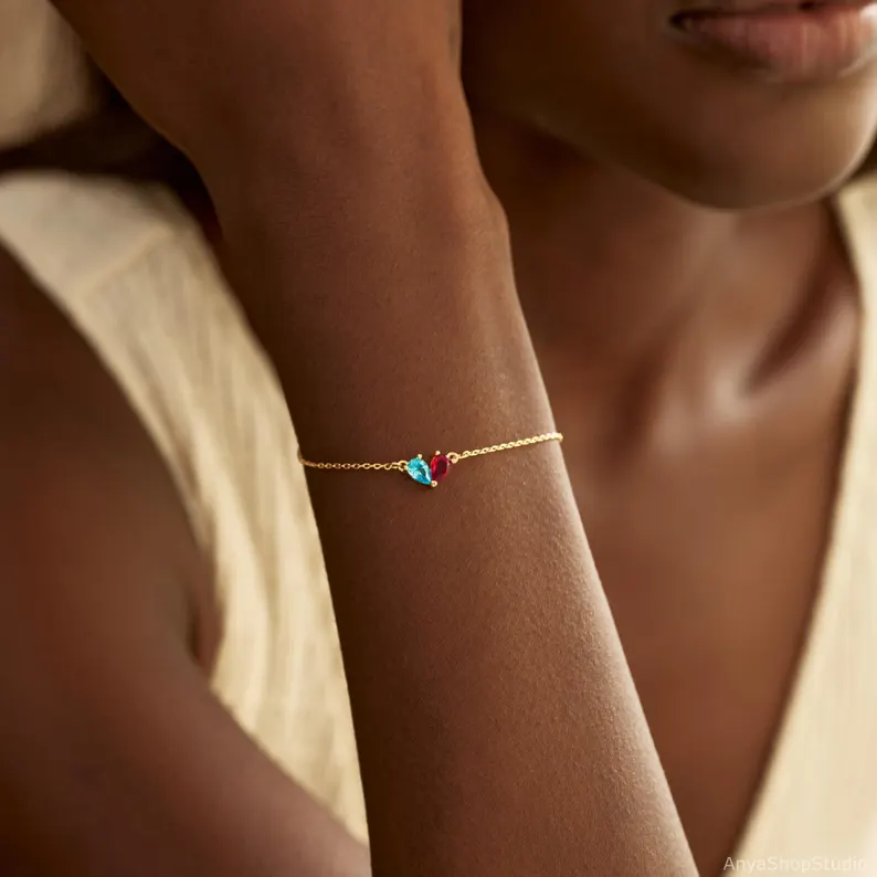 Minimalist Personalized 925 Sterling Silver Birthstone Heart Bracelet