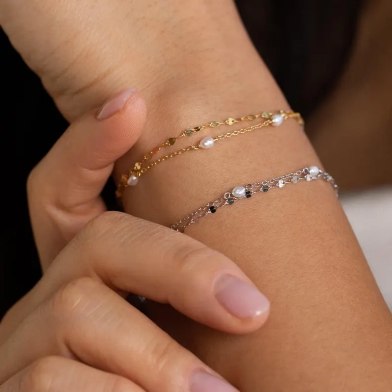Minimalist 925 Sterling Silver Pearl Double Layer Chain Bracelet for Women