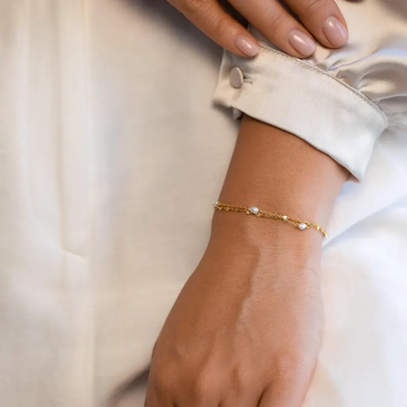 Minimalist 925 Sterling Silver Pearl Double Layer Chain Bracelet for Women