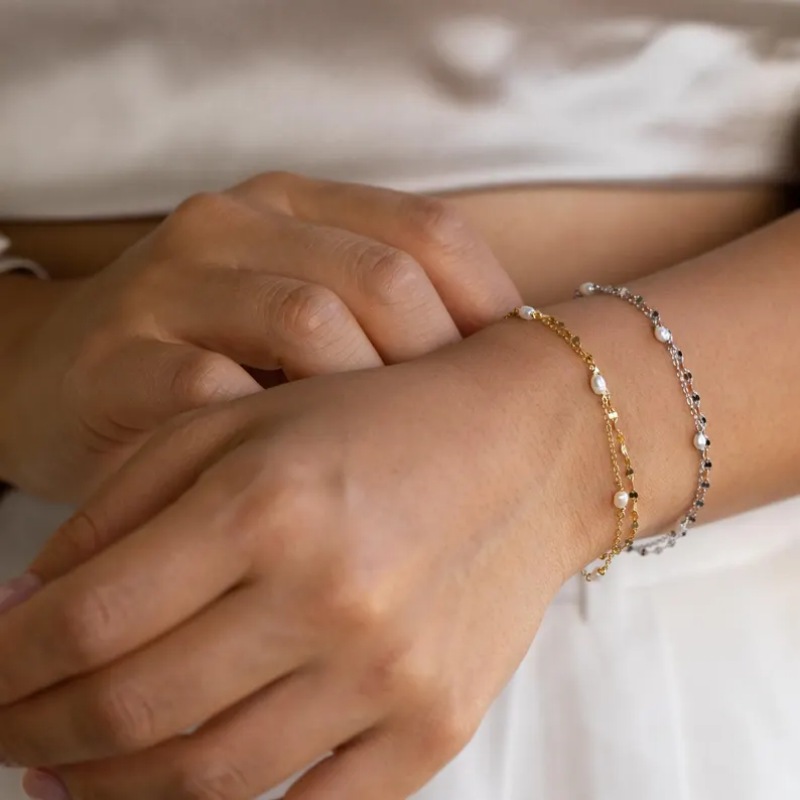Minimalist 925 Sterling Silver Pearl Double Layer Chain Bracelet for Women