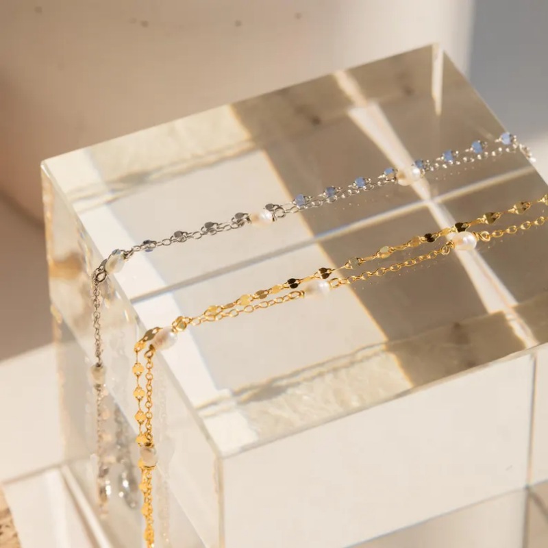 Minimalist 925 Sterling Silver Pearl Double Layer Chain Bracelet for Women