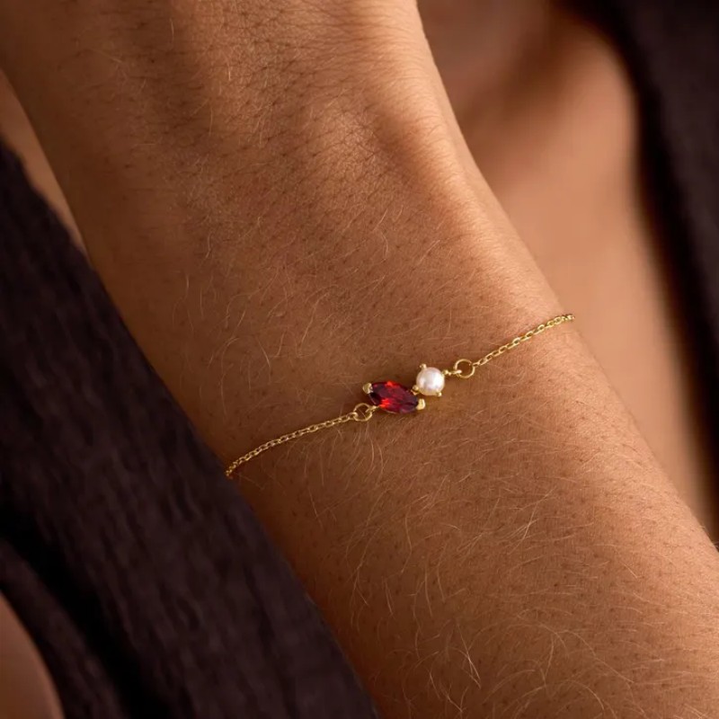 Minimalist Personalized Marquise Birthstone 925 Sterling Silver Pearl Bracelet