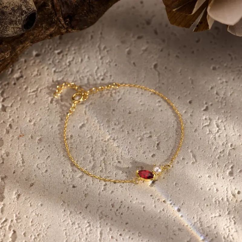 Minimalist Personalized Marquise Birthstone 925 Sterling Silver Pearl Bracelet