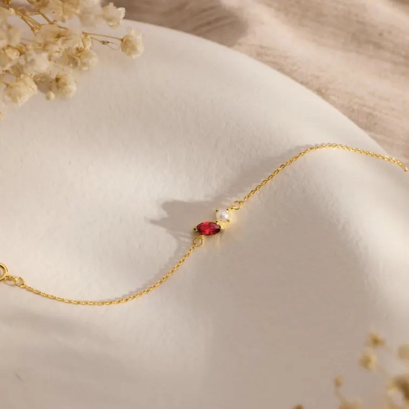 Minimalist Personalized Marquise Birthstone 925 Sterling Silver Pearl Bracelet