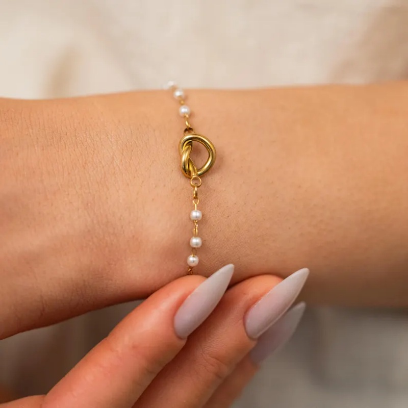 Minimalist 925 Sterling Silver Yellow Gold Knot Pearl Bracelet
