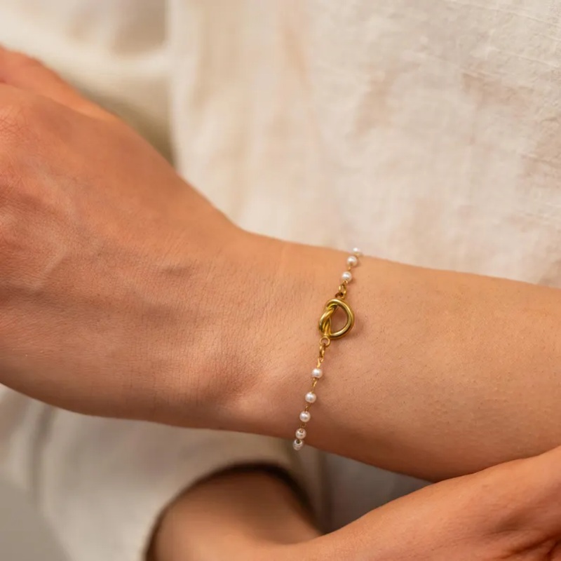 Minimalist 925 Sterling Silver Yellow Gold Knot Pearl Bracelet