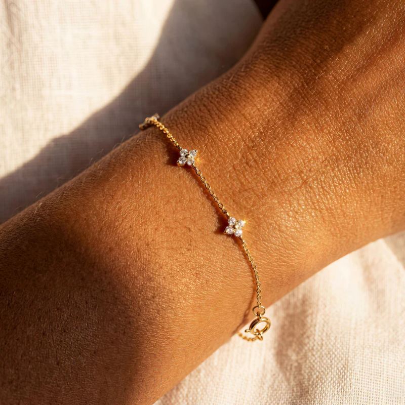 Dainty Diamond White 925 Sterling Silver Yellow Gold Flower Bracelet