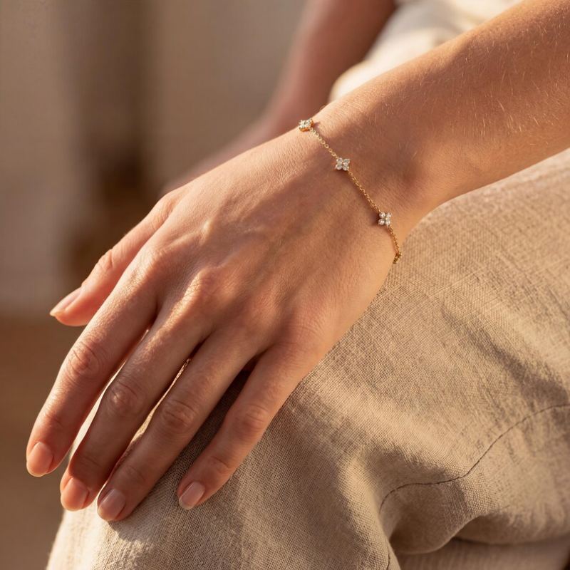 Dainty Diamond White 925 Sterling Silver Yellow Gold Flower Bracelet