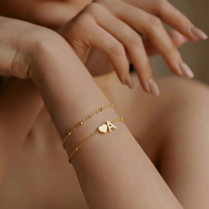 Personalized 925 Sterling Silver Yellow Gold Heart Initial Layered Chain Bracelet