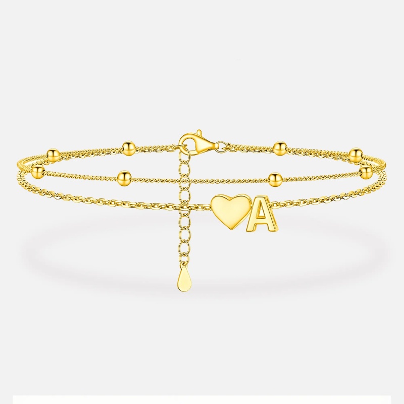Personalized 925 Sterling Silver Yellow Gold Heart Initial Layered Chain Bracelet