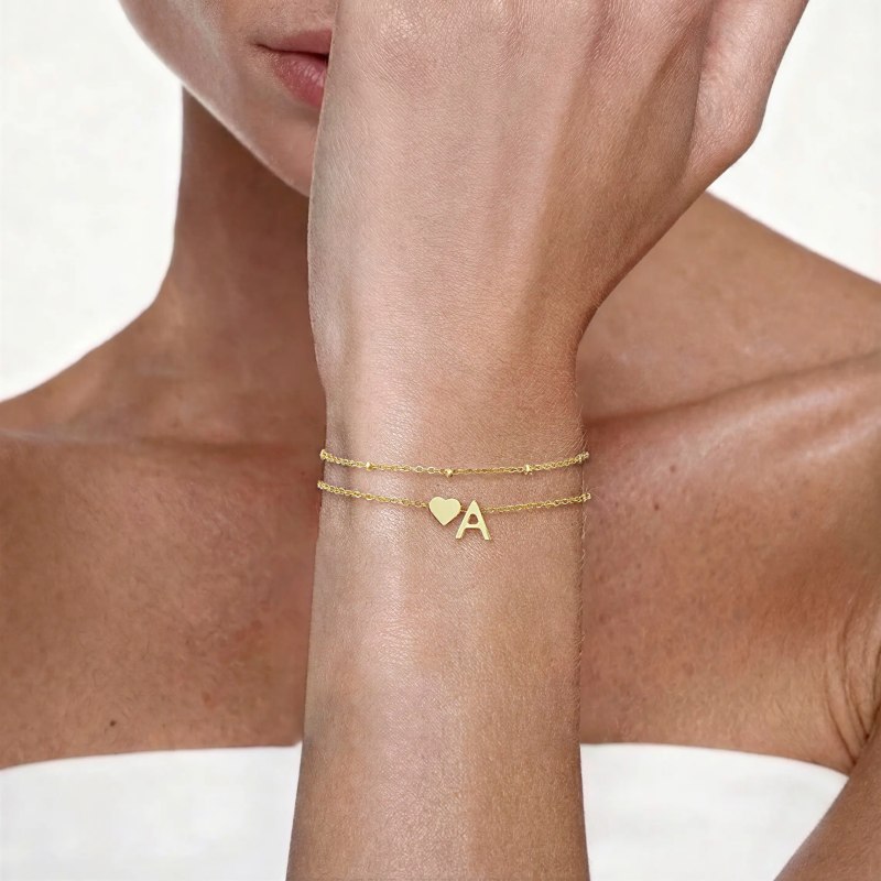 Personalized 925 Sterling Silver Yellow Gold Heart Initial Layered Chain Bracelet