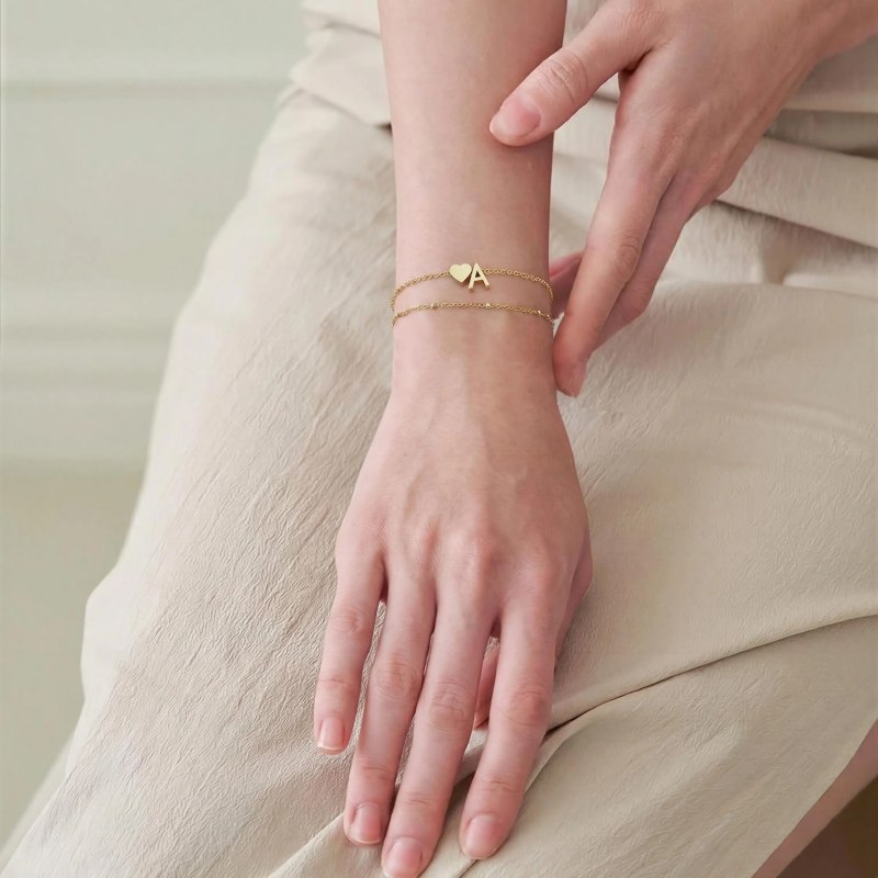 Personalized 925 Sterling Silver Yellow Gold Heart Initial Layered Chain Bracelet