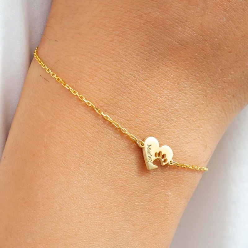 Minimalist 925 Sterling Silver Personalized Paw Print Heart Bracelet