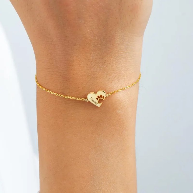 Minimalist 925 Sterling Silver Personalized Paw Print Heart Bracelet