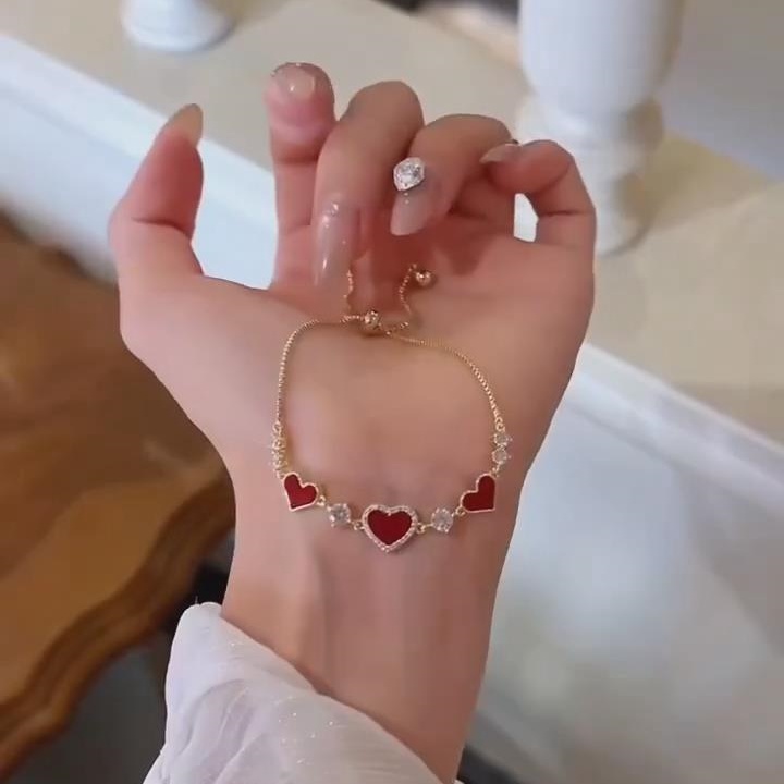 Elegant Diamond White 925 Sterling Silver Yellow Gold Red Heart Bracelet