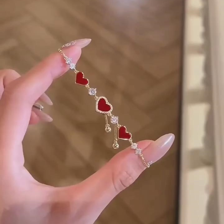 Elegant Diamond White 925 Sterling Silver Yellow Gold Red Heart Bracelet