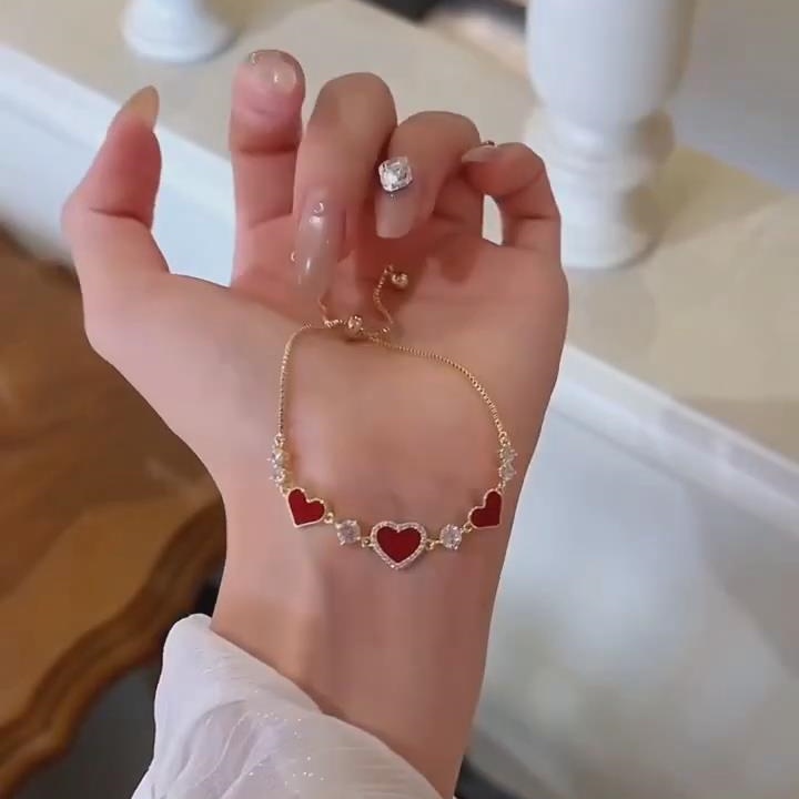 Elegant Diamond White 925 Sterling Silver Yellow Gold Red Heart Bracelet
