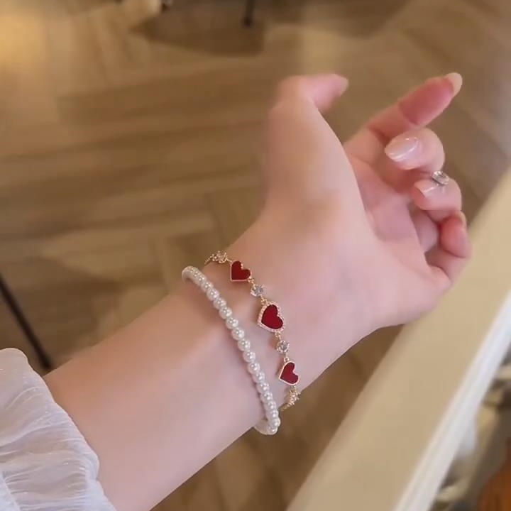 Elegant Diamond White 925 Sterling Silver Yellow Gold Red Heart Bracelet