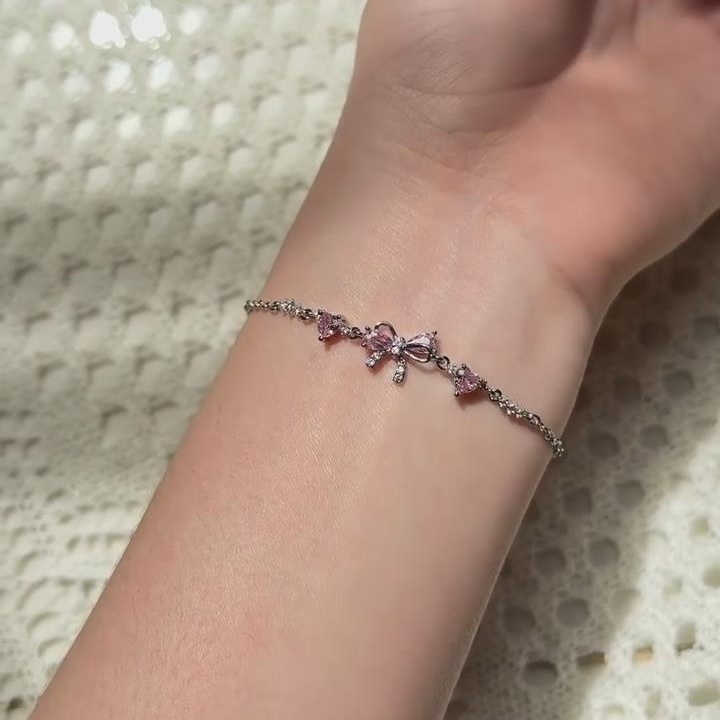 Dainty Fancy Pink 925 Sterling Silver Bow Knot Heart Bracelet
