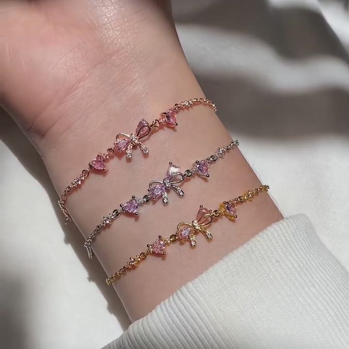 Dainty Fancy Pink 925 Sterling Silver Bow Knot Heart Bracelet