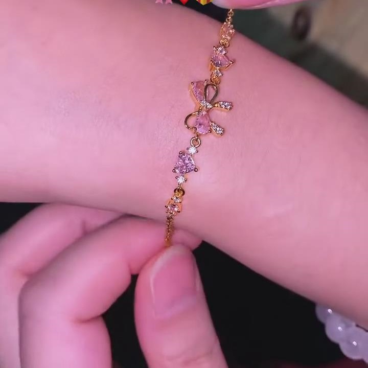 Dainty Fancy Pink 925 Sterling Silver Bow Knot Heart Bracelet