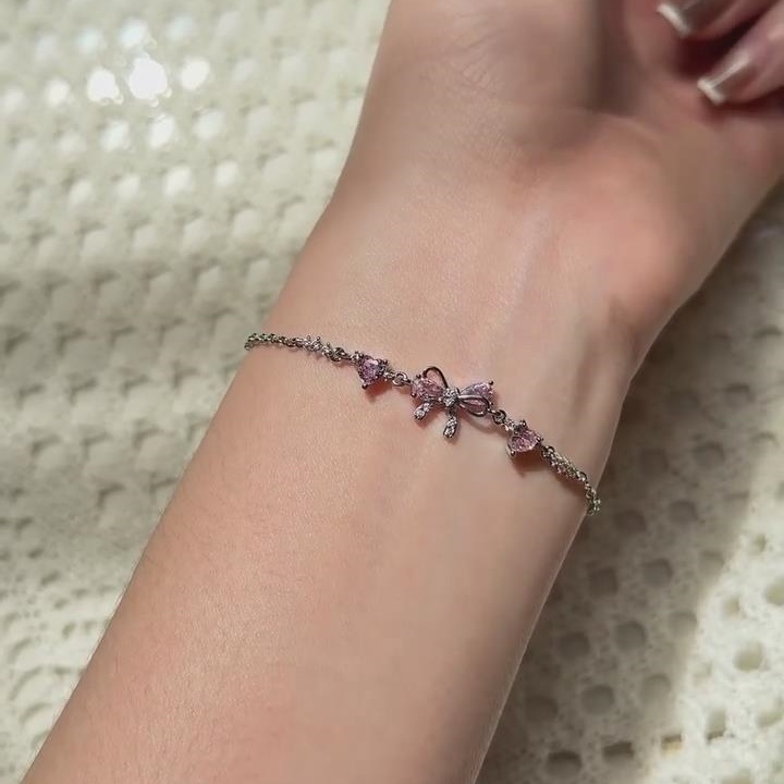Dainty Fancy Pink 925 Sterling Silver Bow Knot Heart Bracelet