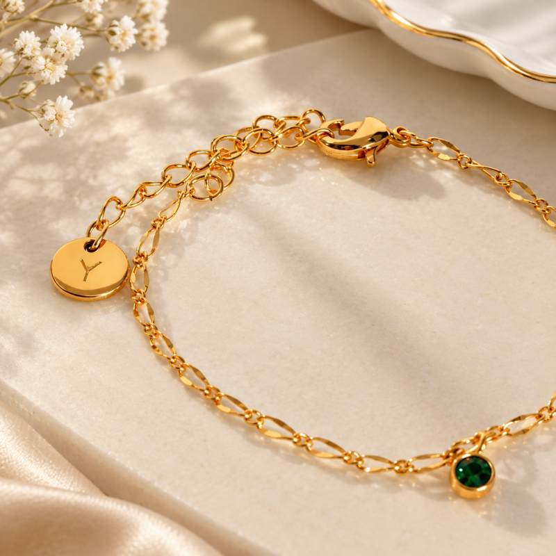 Minimalist Personalized Round Cut Birthstone 925 Sterling Silver Initial Bracelet