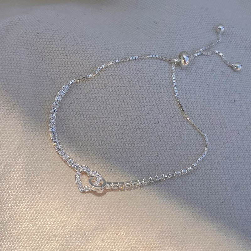 Elegant Diamond White Heart Link 925 Sterling Silver Tennis Bracelet