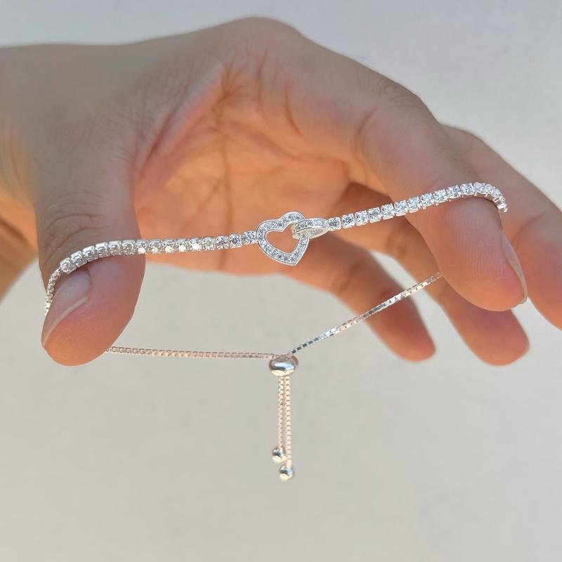 Elegant Diamond White Heart Link 925 Sterling Silver Tennis Bracelet
