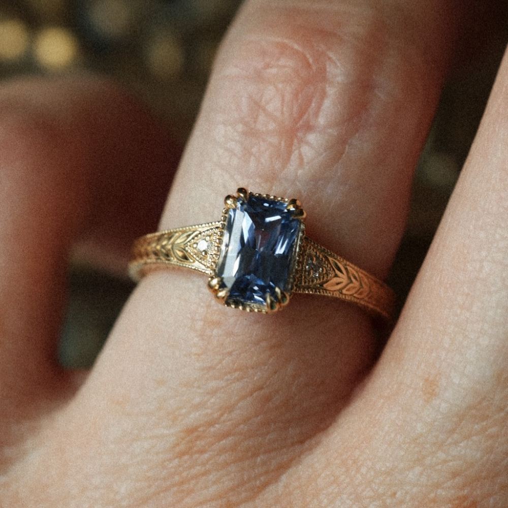 Vintage Emerald Cut Sapphire Blue 925 Sterling Silver Yellow Gold Engagement Ring