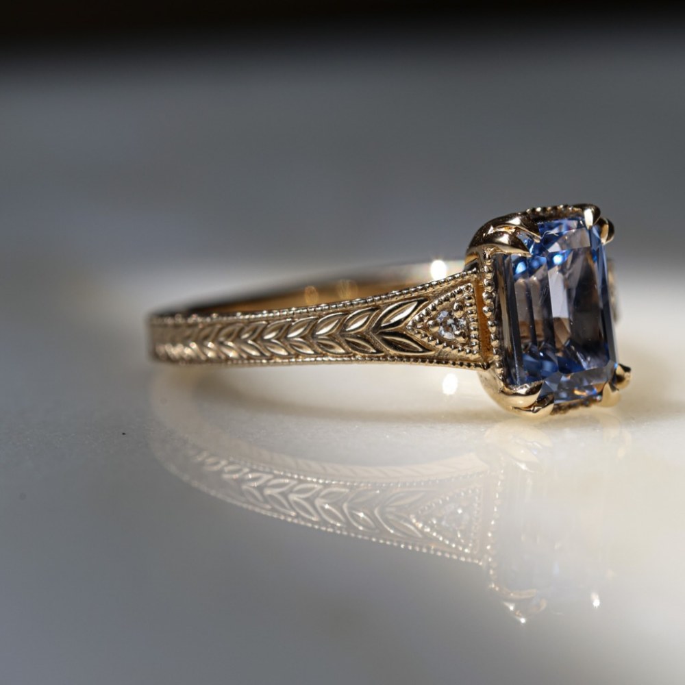 Vintage Emerald Cut Sapphire Blue 925 Sterling Silver Yellow Gold Engagement Ring