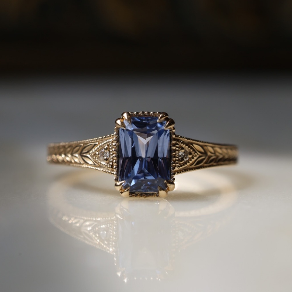 Vintage Emerald Cut Sapphire Blue 925 Sterling Silver Yellow Gold Engagement Ring