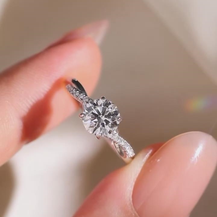 Round Cut Diamond White Sterling Silver Twisted Engagement Ring