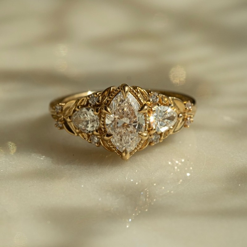 Art Deco Marquise Cut Diamond White Sterling Silver Yellow Gold Leaves Engagement Ring