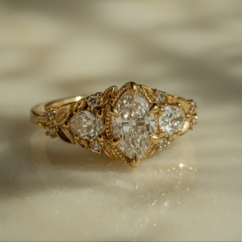 Art Deco Marquise Cut Diamond White Sterling Silver Yellow Gold Leaves Engagement Ring