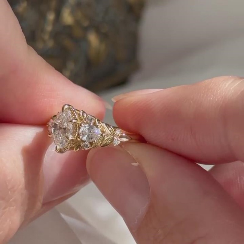 Art Deco Marquise Cut Diamond White Sterling Silver Yellow Gold Leaves Engagement Ring