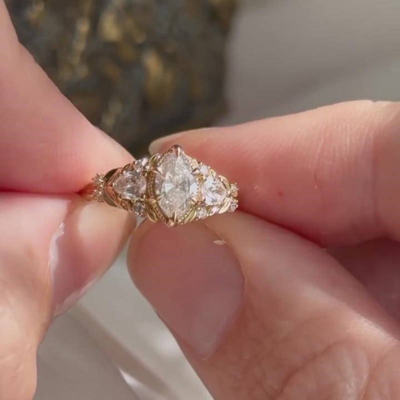 Art Deco Marquise Cut Diamond White Sterling Silver Yellow Gold Leaves Engagement Ring
