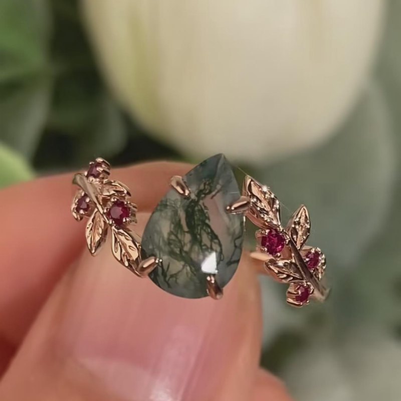 Pear Cut Green Moss Agate Nature Inspired Sterling Silver Rose Gold Leaves Engagement Ring