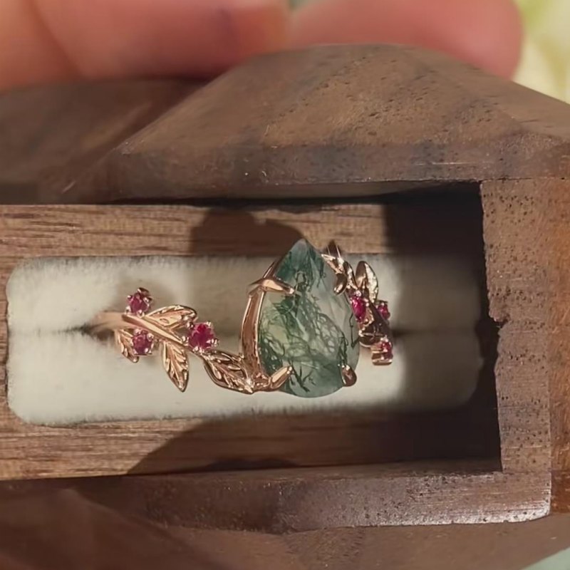 Pear Cut Green Moss Agate Nature Inspired Sterling Silver Rose Gold Leaves Engagement Ring