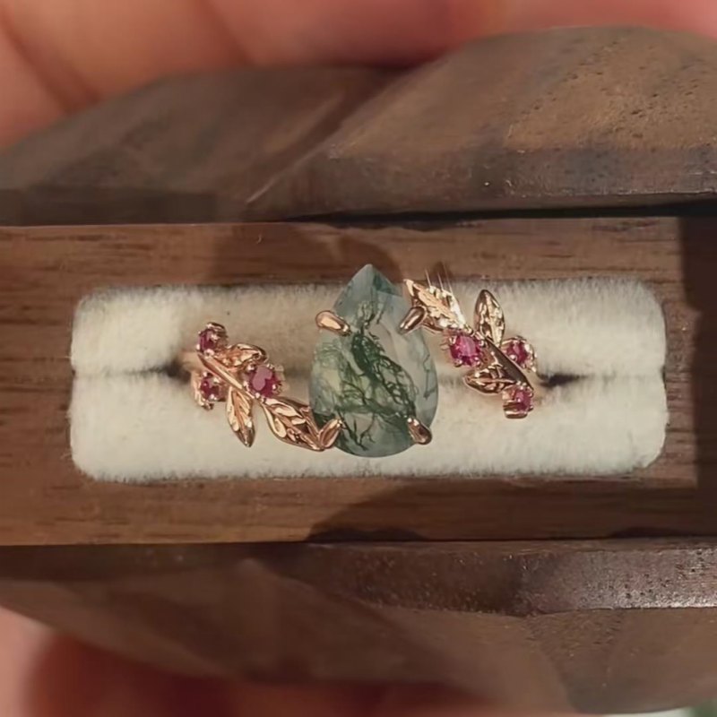 Pear Cut Green Moss Agate Nature Inspired Sterling Silver Rose Gold Leaves Engagement Ring